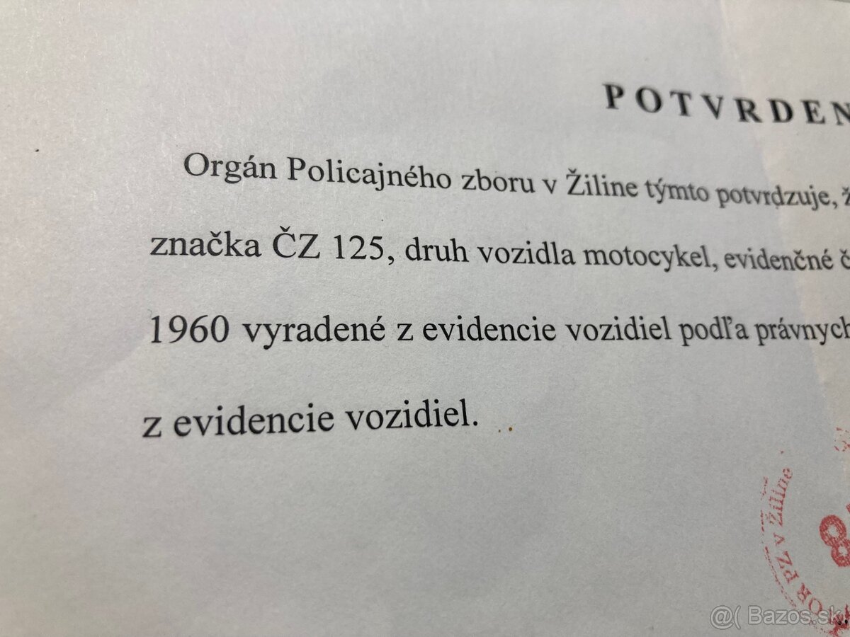 Jawa - čz 125 potvrdenie,rok 1960