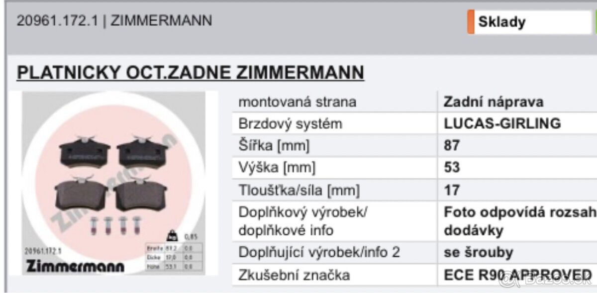 Platnicky zadnej kotucovej brzdy Zimmermanm