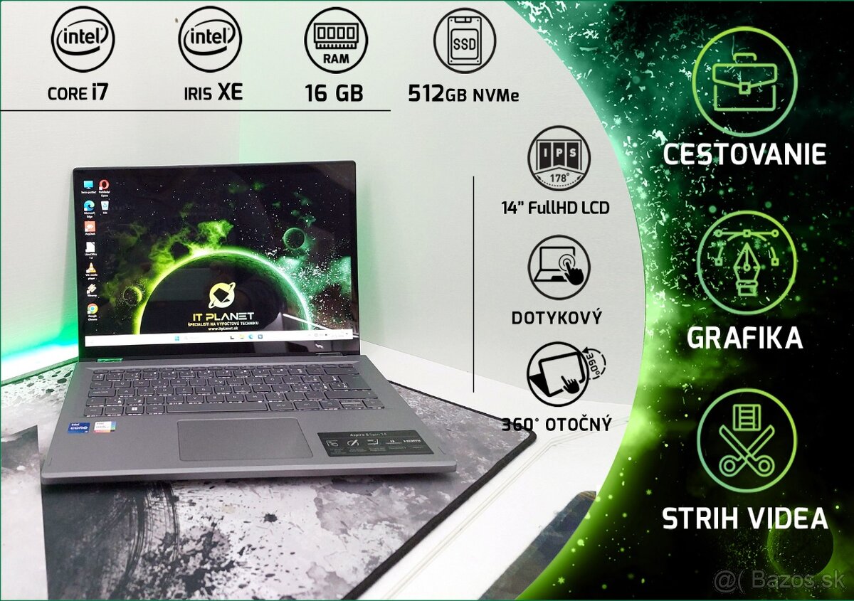 14"FullHD IPS, otočný 360°, dotykový Acer Spin, i7-13gen/16G