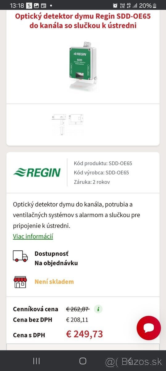 Optický detektor dymu značky Regin SDD-OE65-RAC