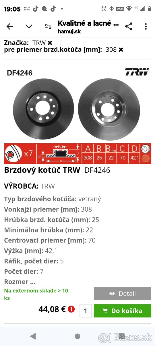 Predám predné kotúče TRV lakované s prídavným uhlikom