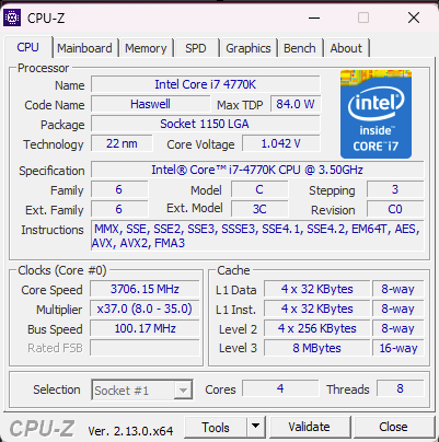 CPU i7-4770K, 3633 MHz (37 x 98)