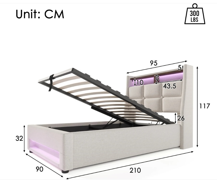 Čalúnená posteľ 90x200 cm s USB a LED podsvietením