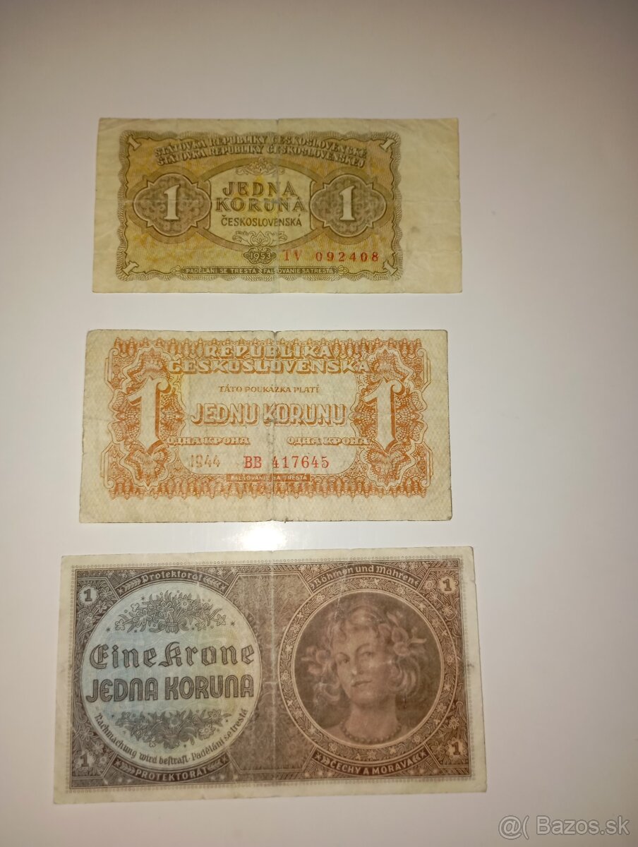 SESTAVA BANKOVEK 1 KČS 1940-1953, 3 RŮZNÉ EMISE, NEPERFOR.