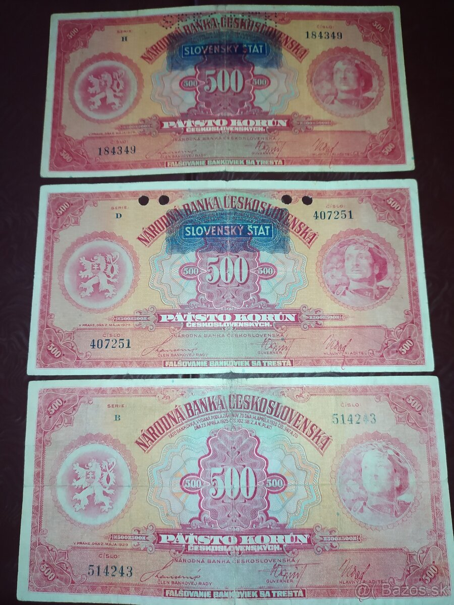 BANKOVKA 500 KČS 1929, VZÁCNÉ VARIANTY VČETNĚ PŘETISKU