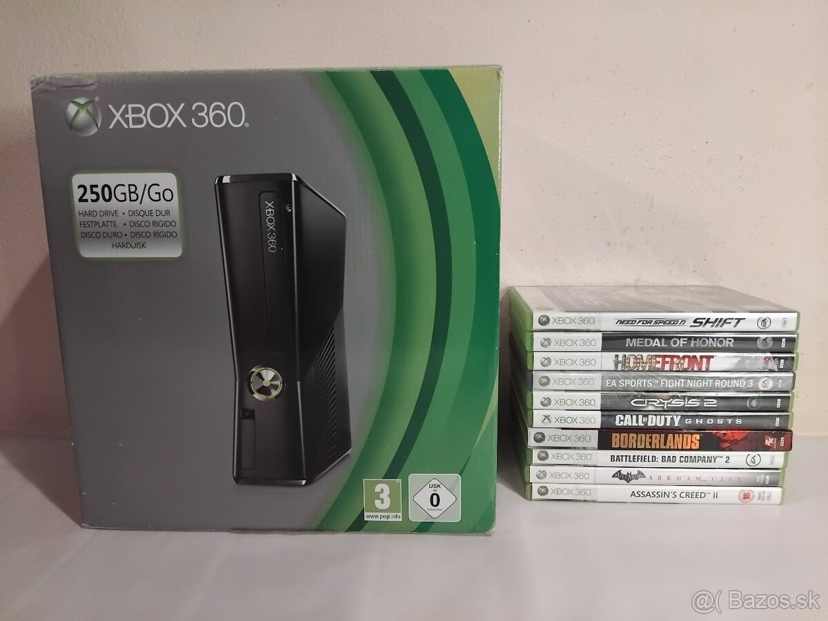 Microsoft Xbox 360 S + Ovládač + 10 hier + Krabica