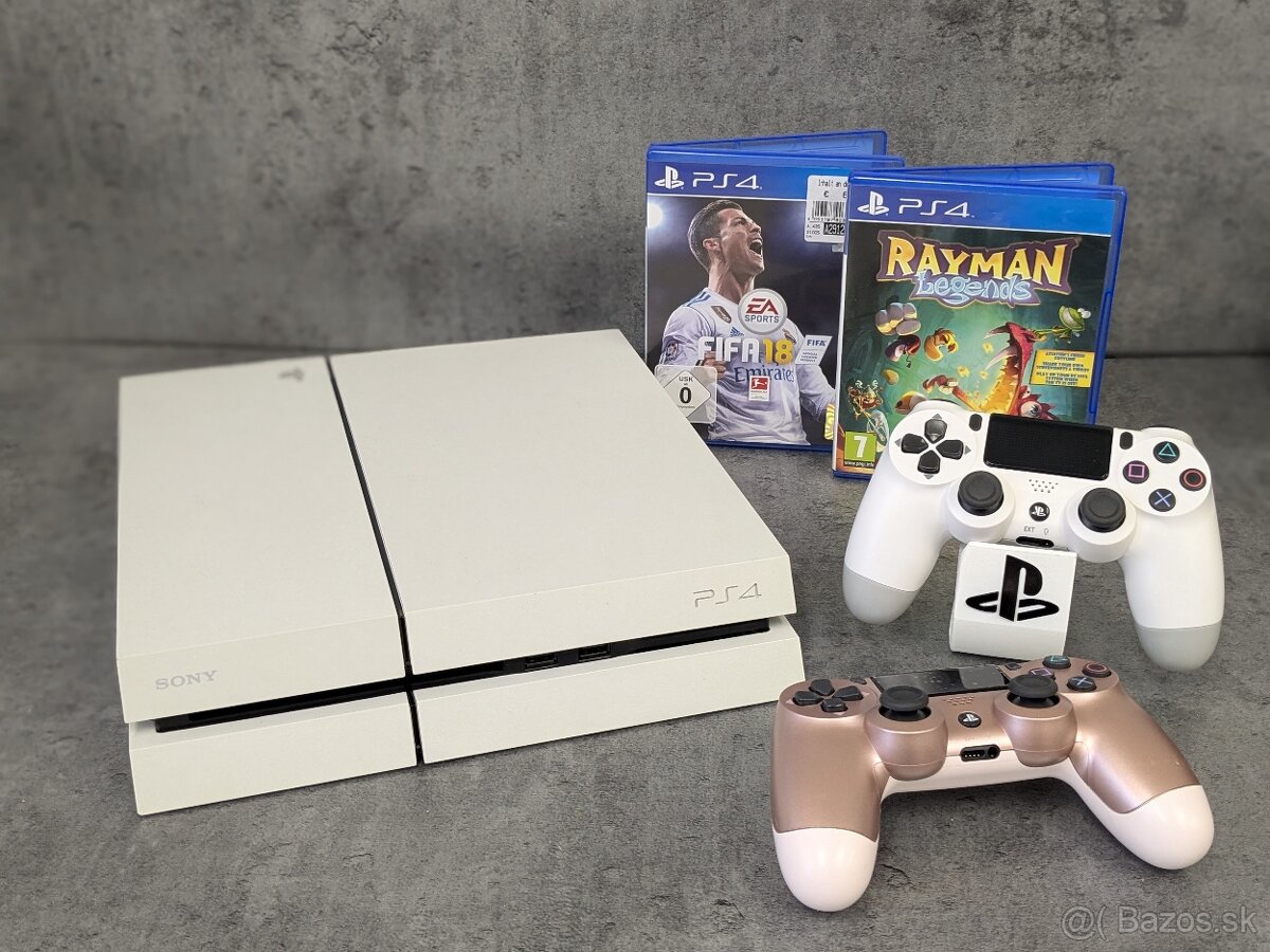 Playstation 4 500GB biele, 2 ovládače a hry Fifa 18 a Rayman