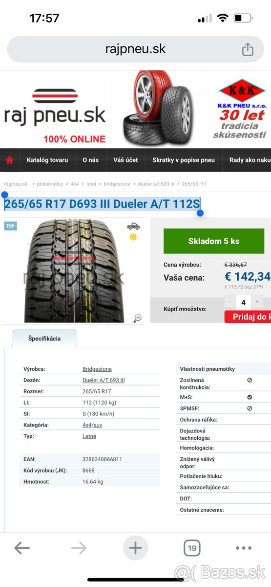 265/65 R17 D693 III Dueler A/T 112S