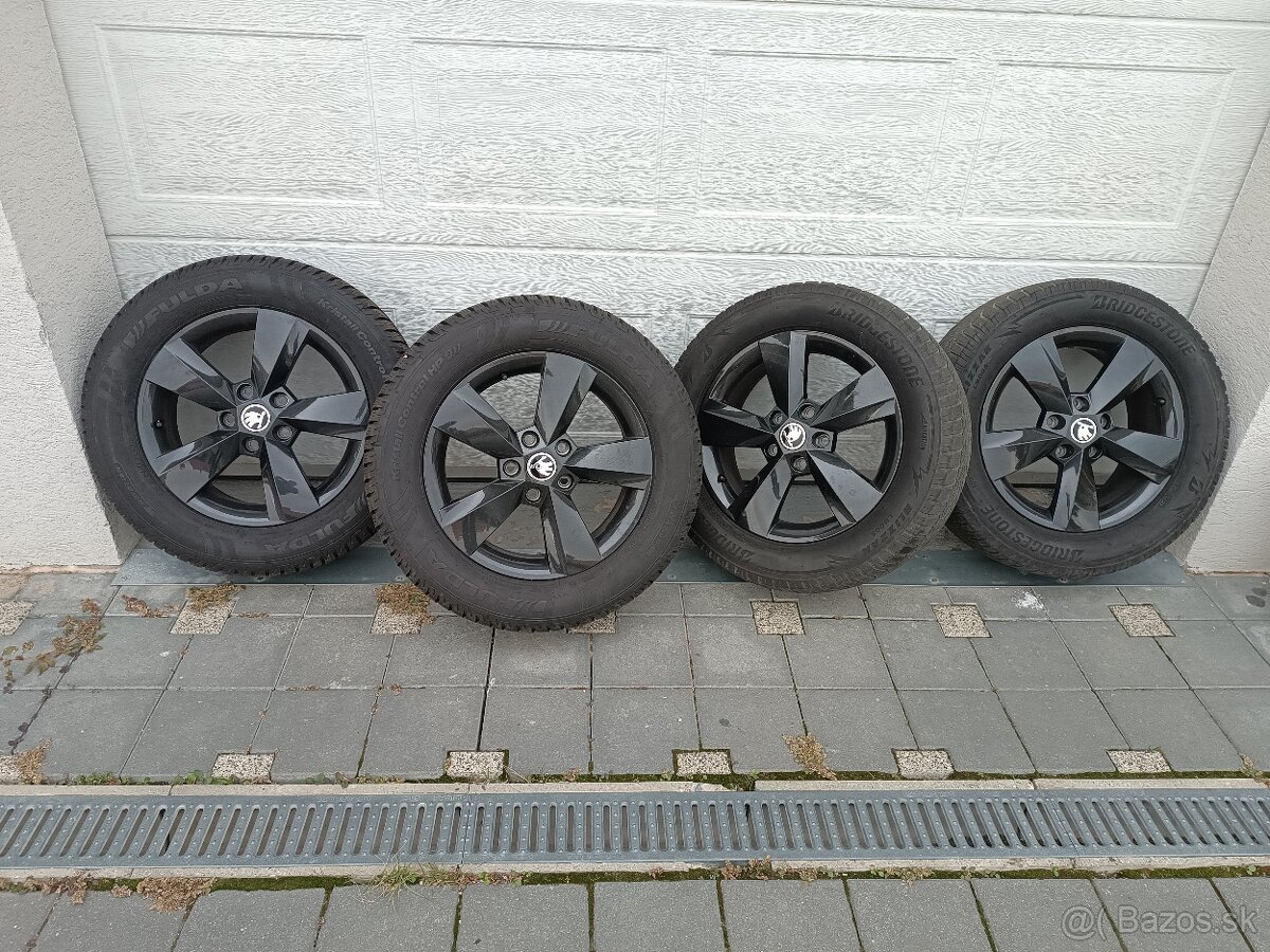 ALU disky Škoda 5x112 r16 ET43 zimné gumy 215/60 R16