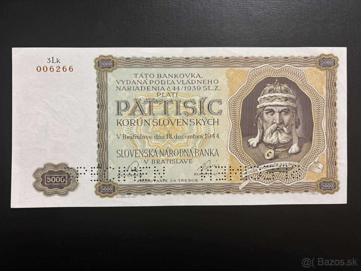 ►►►5000 Slovenských korún r. 1944 3Lk aUNC◄◄◄