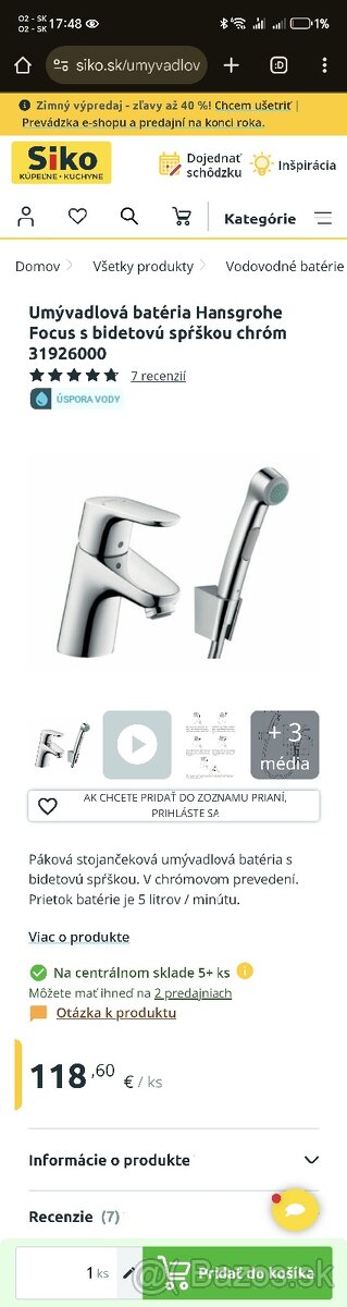 batéria Hansgrohe Focus s bidetovú spŕškou chróm 31926000