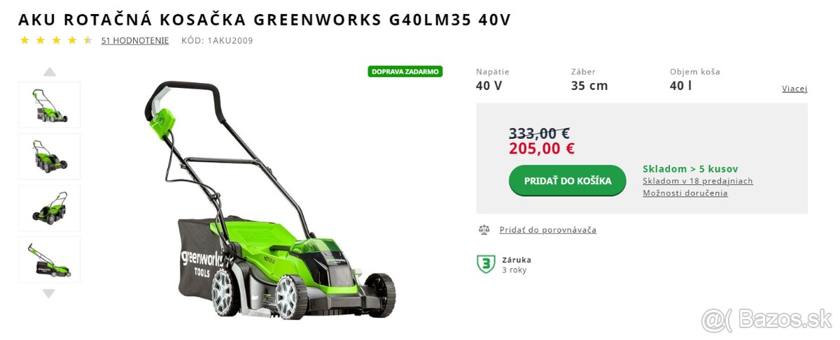 AKU kosačka Greenworks + akumulátor + nabíjačka