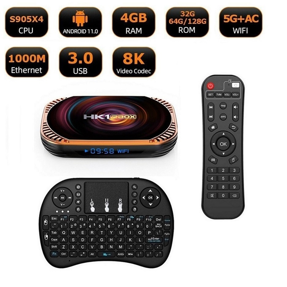 Android 11 TV Box, HK1 X4, 4/32GB, S905X4, Kláv. s Touchp.