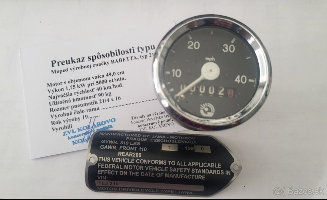 Tachometer babetta v milach kartička štítek export USA