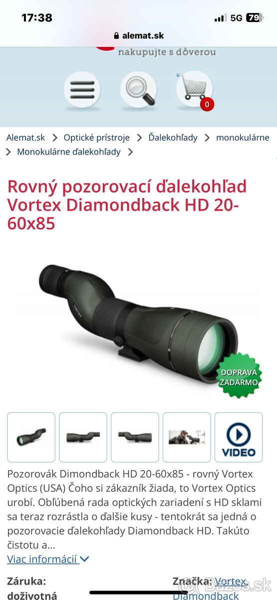 Monokular Vortex Diamondback HD 20-60x85