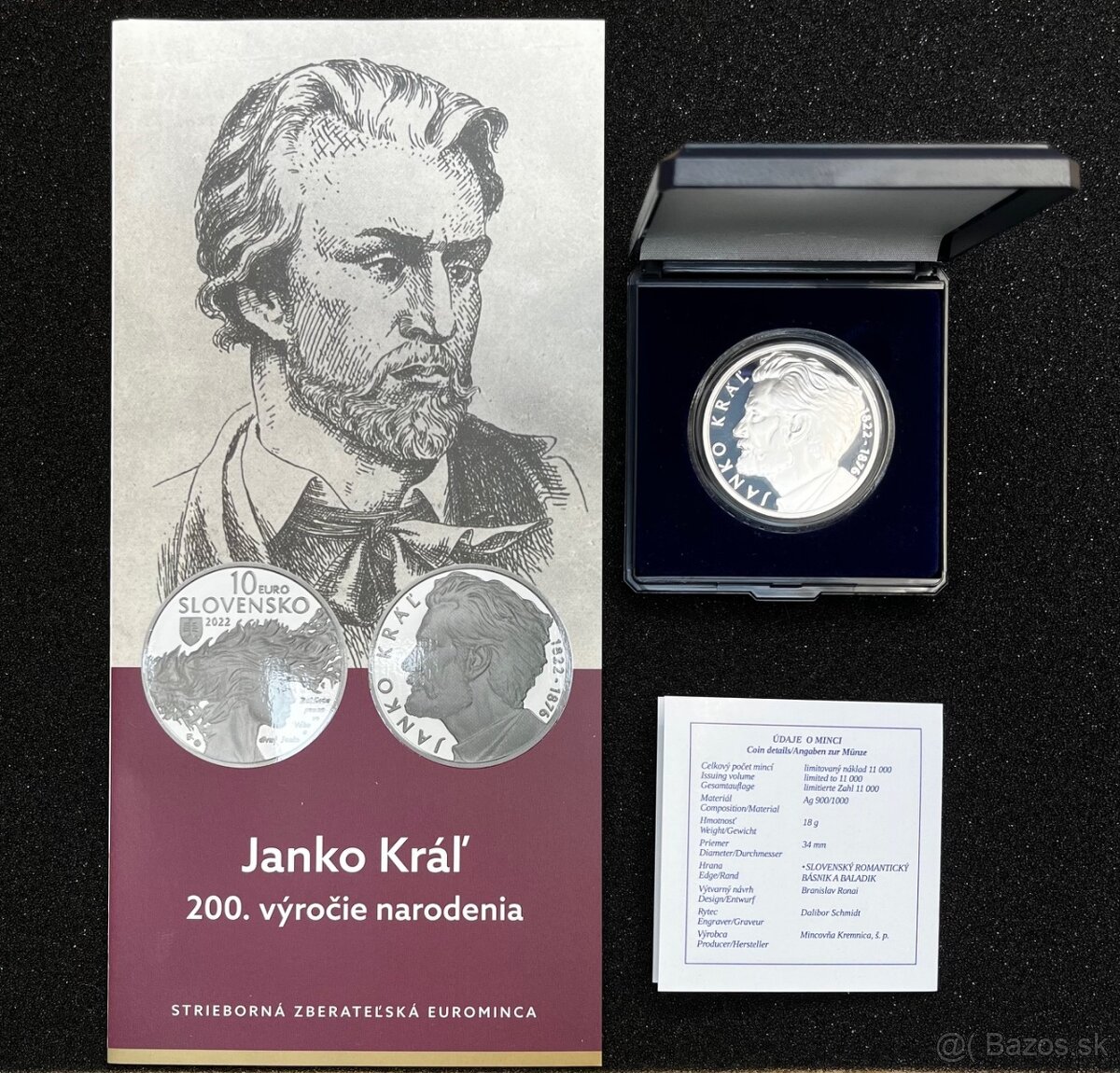 10 EURO Slovensko 2022 - Janko Kráľ  proof + pamätný list