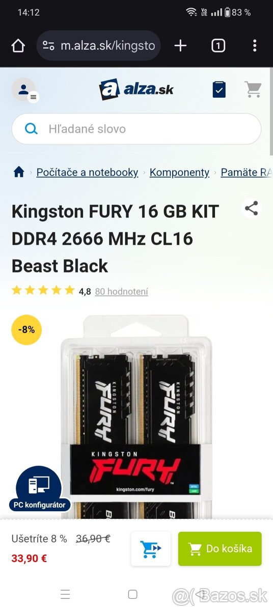 Kingston FURY 16 GB KIT DDR4 2666 MHz CL16 Beast Black