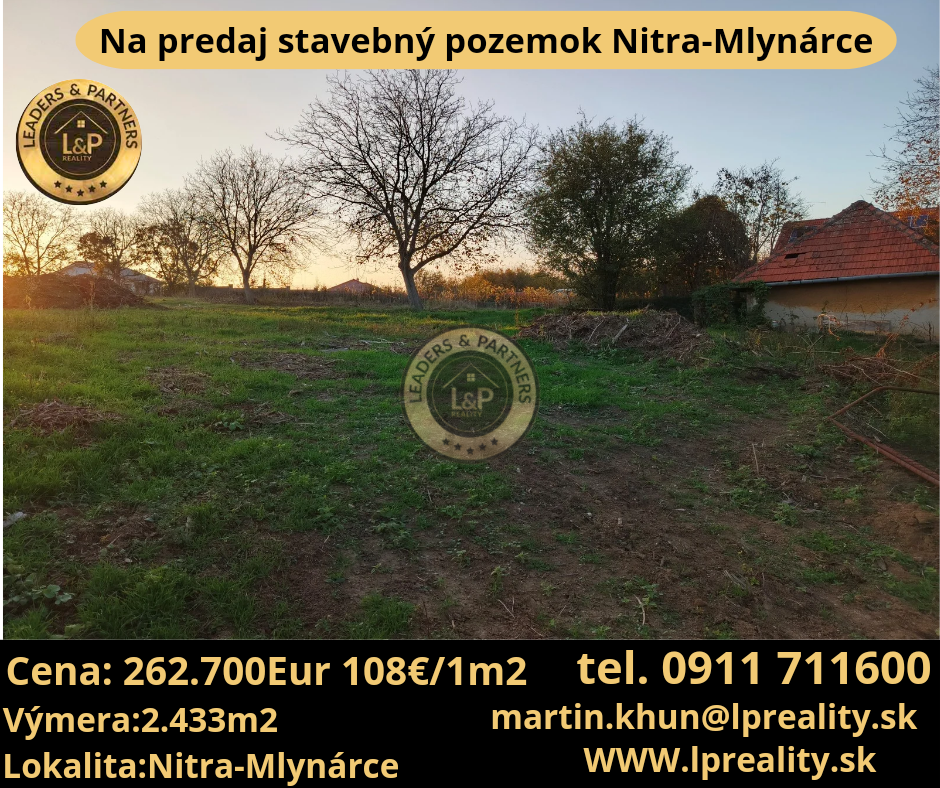 Stavebný pozemok Nitra-Mlynárce 2433m2