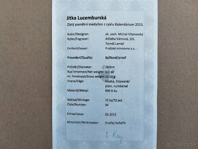 Zlatá medaile Jitka Lucemburská, 999,9, PROOF, cert+etue - 10