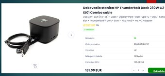 Predám DOKOVACIU STANICU HP Thunderbolt Dock 230W G2 -kábel - 10