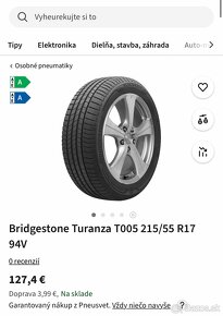 ‼️cistonove pneu 215/55r17 letne bridgestone turanza‼️ - 12