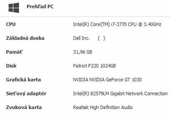 Predám PC DELL 7010 SFF /i7-3770, 4x3.40GHz/ 1024GB HDD/ 32 - 13