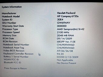 Predám notebook HP 15,4"HP 6735s na diely alebo opravu - 14