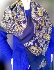 Luxusný vlnený šál so zlatou výšivkou kvalitná 100% vlna - 18