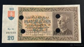 20 korún 1939 Hlinka - SPECIMEN + 4x perf. otvor