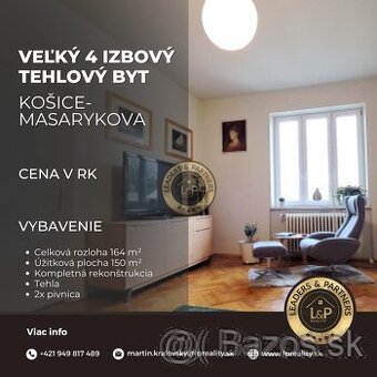 Veľký 4 izbový tehlový byt v centre Košíc, Masarykova ul.