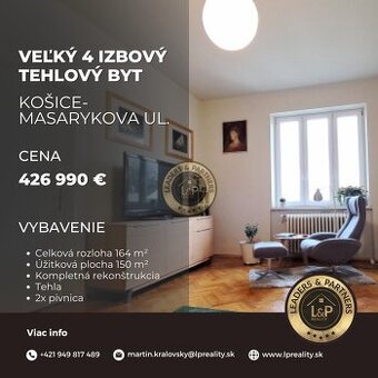 Veľký 4 izbový tehlový byt v centre Košíc, Masarykova ul.