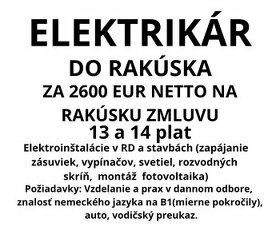 Elektrikár  za 2600 eur /NETTO na rakúsku pracovnú zmluvu