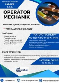 Operátor - manipulant. Mzda až do 1600 €. Bonus do 250 €.