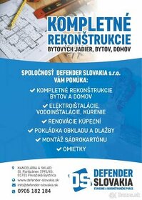 kompletné rekonštrukcie bytových jadier, bytov, domov