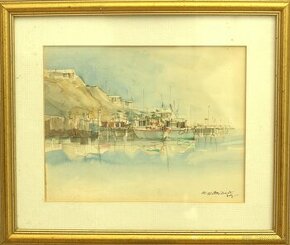 Starý obraz v ráme – Lode v prístave – Akvarel