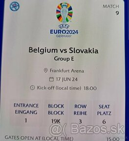 BELGIUM vs SLOVAKIA EURO 2024, 1 vstupenka za pôvodnú cenu