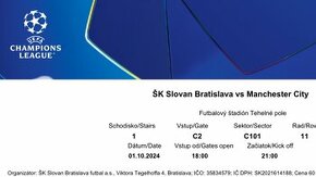 Predám 2 lístky vedľa seba Slovan vs Man City