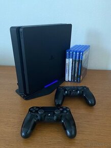 Sony PlayStation 4 Slim 500GB + 2 ovládače, 6 hier a stojan.