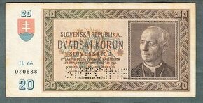 Staré bankovky Slovensko 20 sk 1939 pěkný stav