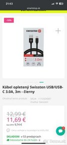 SWISSTEN USB A USB C kábel 3 m