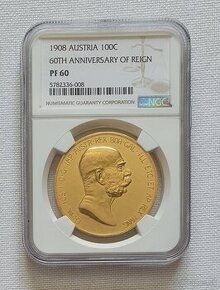 Zlatá rakúska 100 koruna FJI, 1908 bz, dáma v oblakoch, PF60