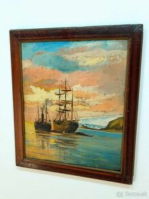 Starý obraz Lode na mori - olejomaľba - paintings ships,loď