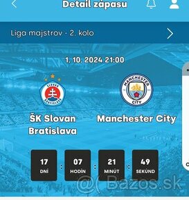 1 ks vstupenka LM ŠK Slovan Bratislava - Manchester City