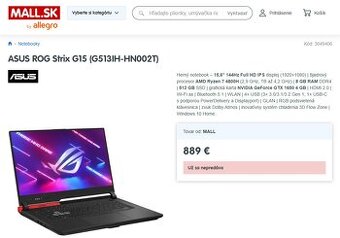 Herný Asus ROG, 8 jadro ryzen 7 4800H, GTX 1650, 16GB,záruka