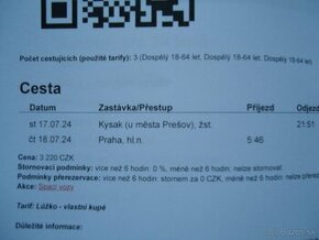 Lístek na ložko Košice - Praha, 17.7. 2024