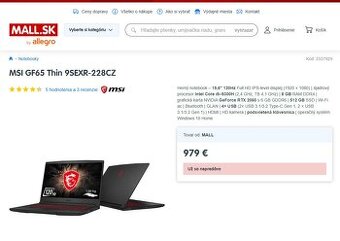 Herný MSI GF65, RTX 2060, i5-8300H, 16GB, ssd až 1,5 GB