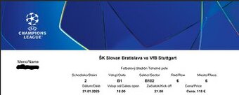 Predaj vstupenky Slovan - Stuttgart 21.1.