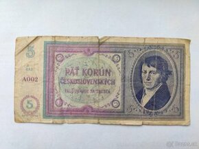 Päť korún Československých 1938 séria A002 originál