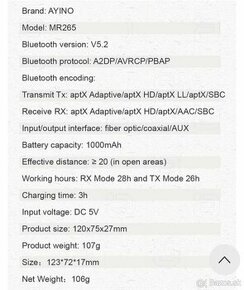 Predám  Hires bluetooth 5.2 audio vysielač prijímač 2v1