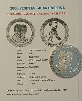 Strieborná minca 2000 pesetas Basketbal